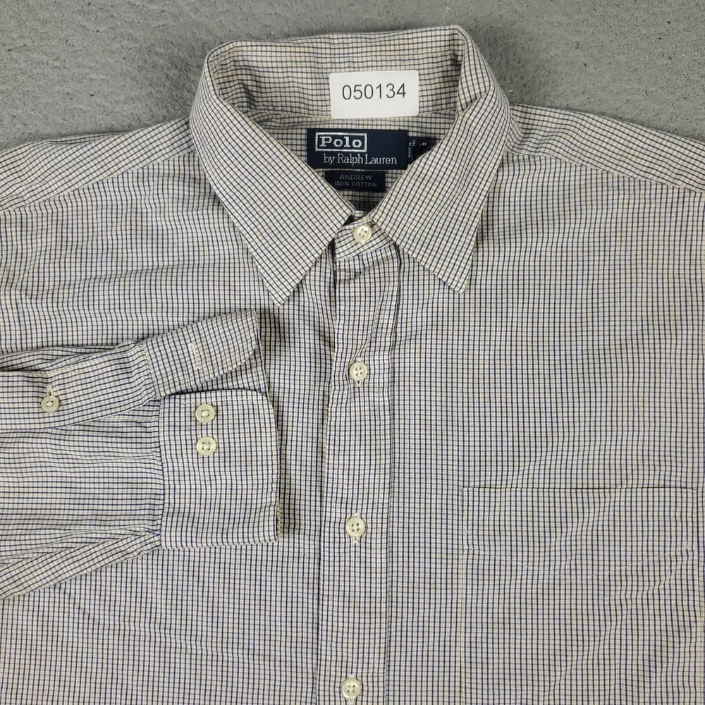 Ralph Lauren Shirt Mens Size 16.5 Blue Yellow Check Dress Button Up Long Sleeve